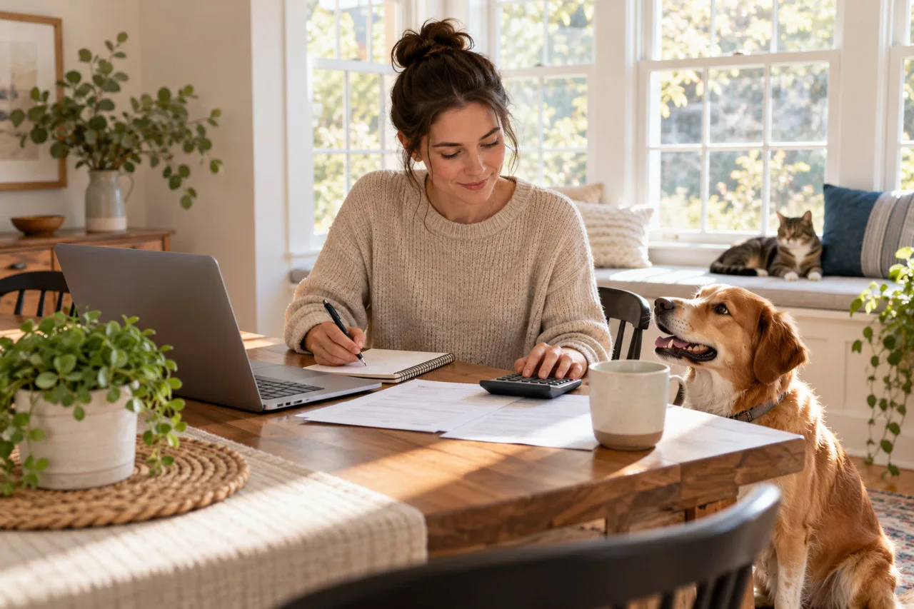 Owner reviewing documents at a table with a dog and cat nearby
